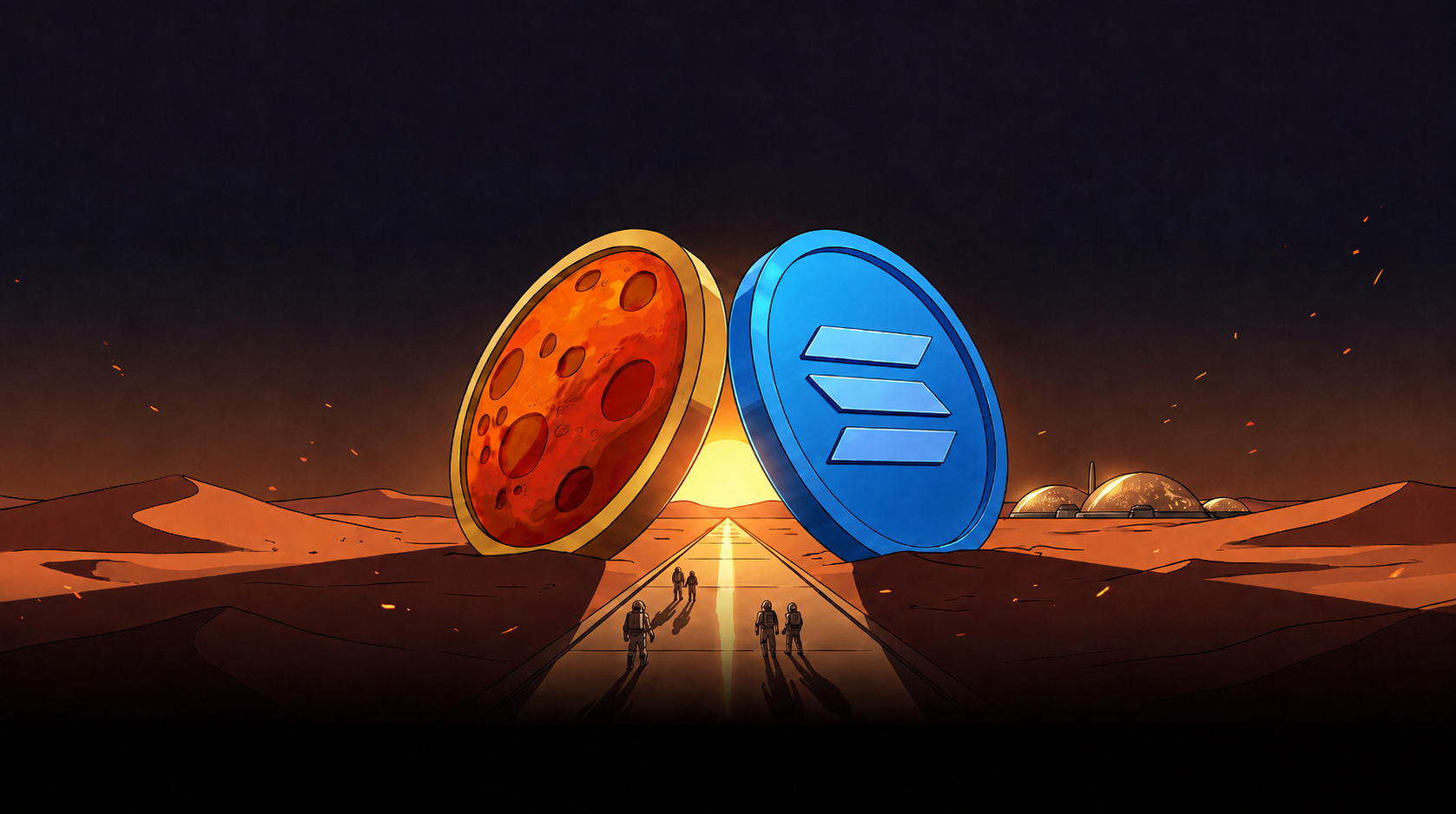 Two coin monuments forming a gateway on Mars
